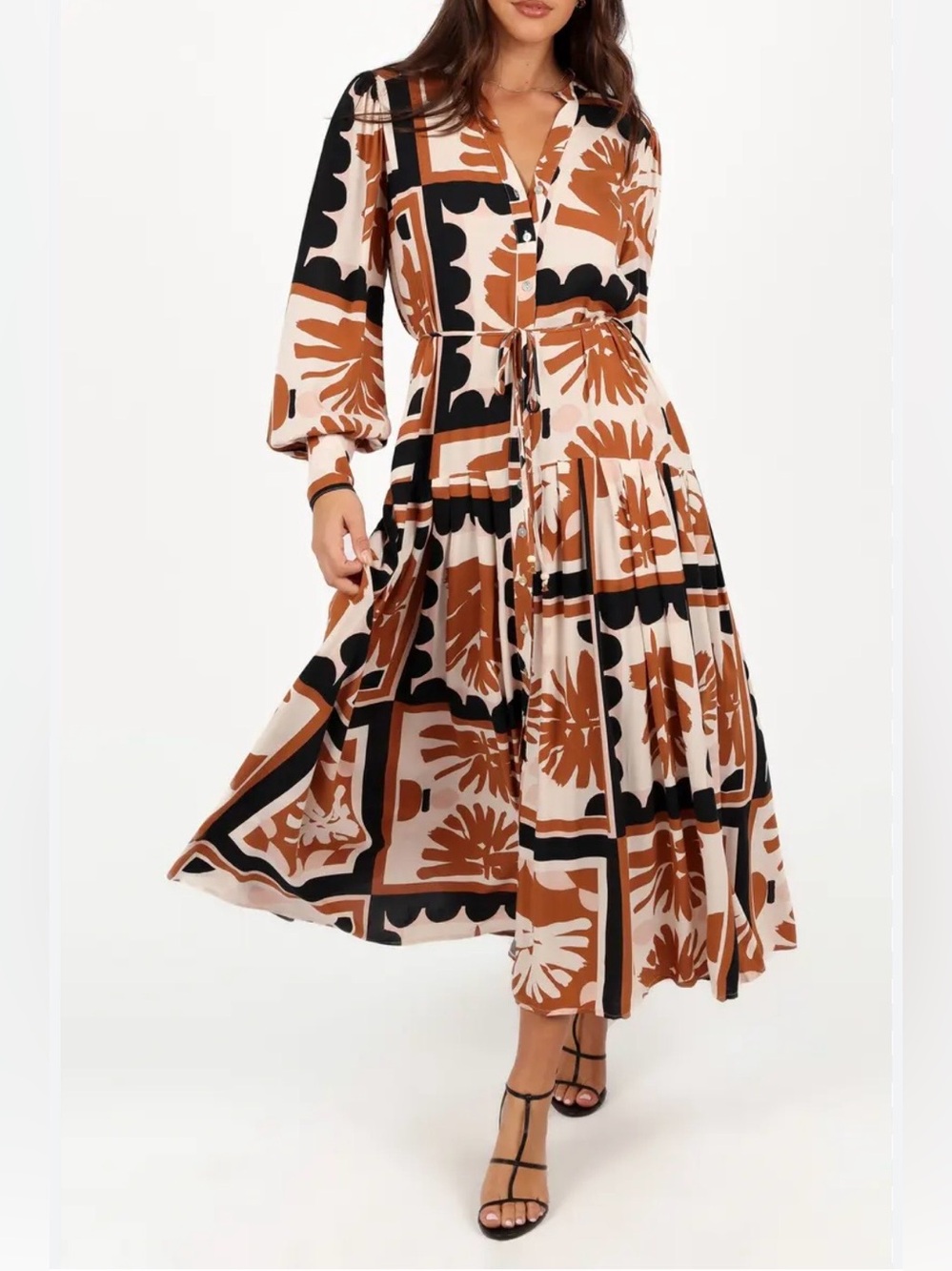 Petal & pup jules ,Printed Long Sleeve Button-Front Maxi Dress in Rust & Black